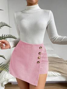 Chiquease Falda pantalón de mujer de unicolor minimalista con decoración de botones para uso diario - Rosa Pálido - Ver 5