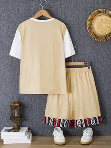 Vacaura 2pcs/Set Teen Boy Casual Retro Print Patchwork Contrast Color T-Shirt And Shorts Set,Summer Streetwear Vacation Outfit For Preteen Boys Daily Wear - Khaki - View 2