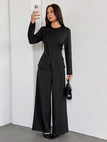 SHEIN PETITE 女士优雅通勤日常百搭街头时尚新款不对称翻领纽扣腰长袖西装外套搭配高腰长裤卡其灰色两件套套装，春夏皆宜，适合春夏季节穿着。 - 黑色 - 查看 5