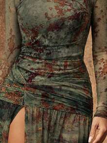 Hauture Abito lungo da donna sexy per uscire la sera, in rete e trasparente, con stampa a serpente, maniche lunghe e spacco - Multicolore - Visualizzare 4