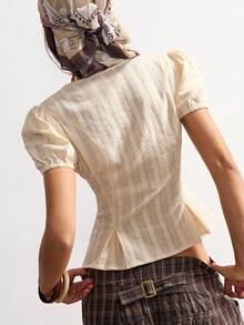 Bohemela 女士休闲纯色编织拼接蕾丝边短袖衬衫 - 杏色 - 查看 8