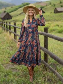 EMERY ROSE Women's Autumn Casual Botanical Print Notched Neck Midiwinter Dress - Multicolor - View 1