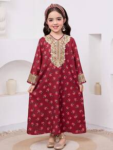 SHEIN 少女碎花宽松圆领休闲连衣裙 - 紅色 - 查看 3