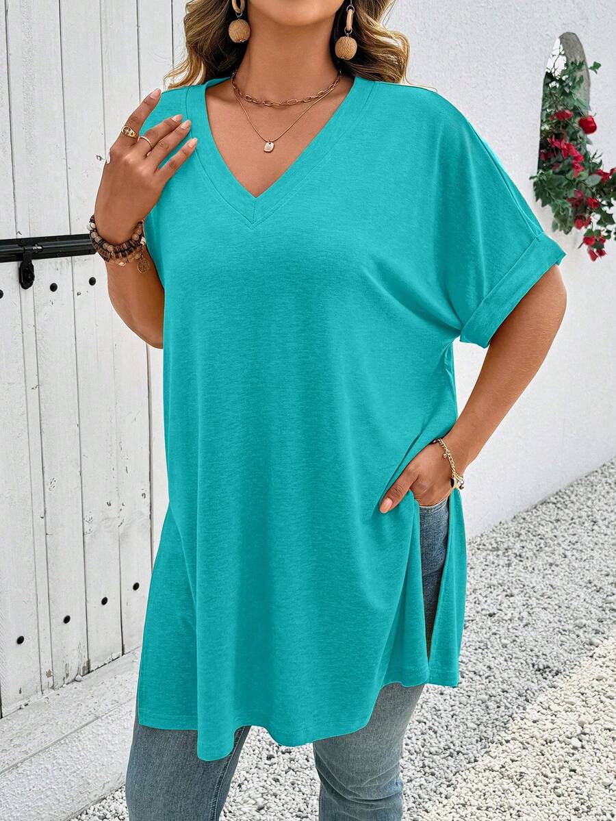 EMERY ROSE Kaos Wanita Ukuran Besar Model V-Neck Batwing Lengan Pendek Kasual Longgar dengan Belahan Samping di Bagian Bawah - Cadet Blue - View 1