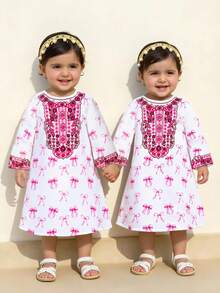 1pc Infant Girls' Pink Bow Print Loose Ramadan Robe, Printed Collar Robe - Pink - View 8