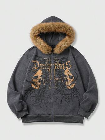 Goth Felpa con cappuccio casual retrò da uomo con stampa teschio