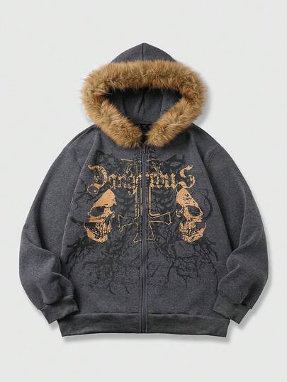 Goth Sudadera con capucha de forro polar con estampado de calavera retro casual para hombres