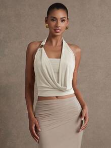 L'Amorae 女士优雅性感纯色喇叭领露背上衣 - 杏色 - 查看 3