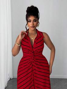 Maweii 大码女式休闲条纹针织扭结设计连衣裙 - 紅色 - 查看 3