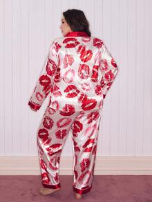 SHEIN Ensemble de pyjama grande taille à manches longues avec col à revers et imprimé lèvres en couleur contrastée - Multicolore - Voir 2