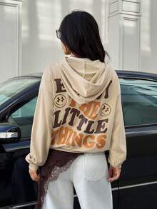 SHEIN EZwear Casual Minimalist "Enjoy" Graphic Print Loose Fit Hoodie Sweatshirt For Women - Khaki - View 3