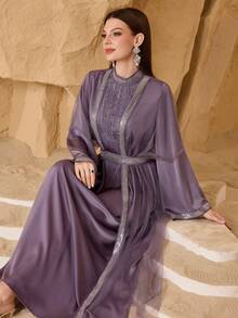 SHEIN Najma 优雅3D立体花卉装饰拼接女士系带修身连衣裙 - 紫色 - 查看 1