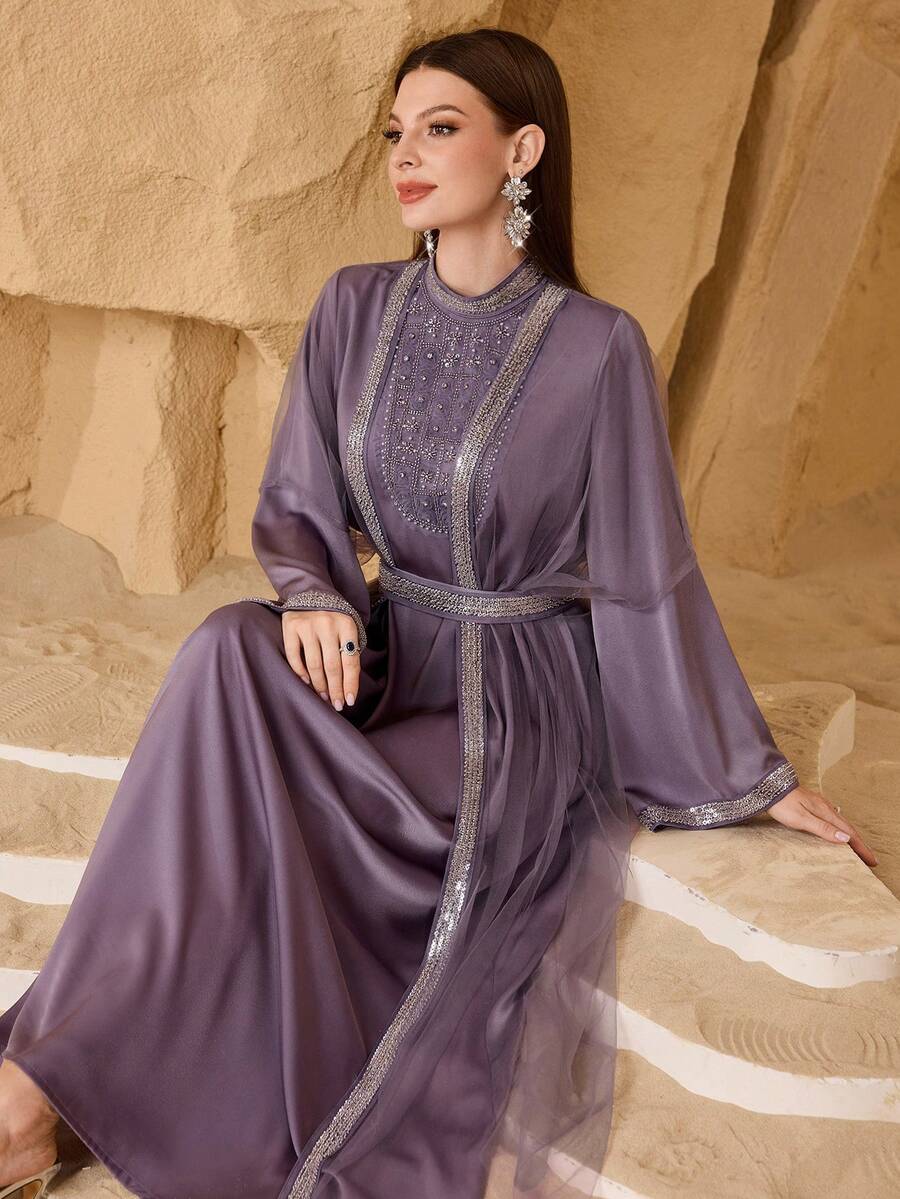 SHEIN Najma 优雅3D立体花卉装饰拼接女士系带修身连衣裙 - 紫色 - 查看 1