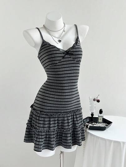 Elamini Women's Fashion Black & Gray Striped Bow Decor Ruffle Hem Camisole Dress