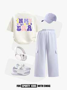 JNSQ 2pcs/Set Young Girls Crew Neck Short Sleeve Sweatshirt With Cute Letter Print And Matching Sweatpants, Spring/Summer - White - View 1