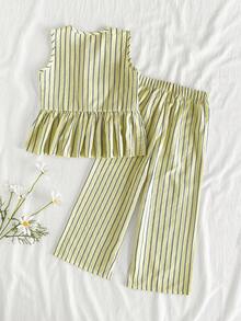 SHEIN Vintaside Kids 2件套女童无袖条纹印花上衣和裤子，黄色纹理圆领无袖短款褶皱上衣，弹性腰带舒适简约阔腿裤，休闲乡村风春夏度假套装，轻盈透气面料，适合夏季郊游、海滩、日常穿着、旅行、户外活动和度假、生日派对、晚宴、演出、婚礼、洗礼和开幕式等场合，休闲百搭，与春夏服装完美搭配。 - 黃色 - 查看 2