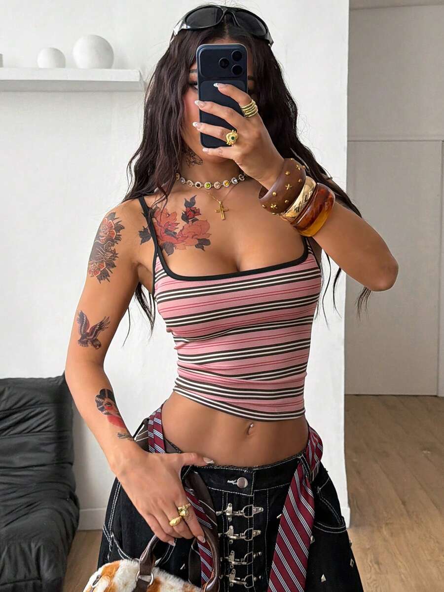 Coolane Casual Women Outfits Spring/Summer Streetwear Casual Going Out Y2K Vintage Pink Striped Camisole Knit Regular Fit Women Top Summer Outfits For Women  Beach Outfit Summer Holiday Outfits