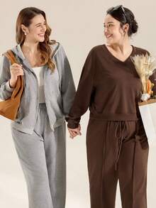 Momelise Setelan Sweatshirt dan Celana Kasual Warna Polos untuk Wanita Ukuran Besar, Musim Gugur/Musim Dingin - Coklat - View 10