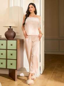 Conjunto de pijama elegante y encantador de Moireta Champagne con camiseta de piel sintética sexy, adecuado para uso exterior y ropa de estar en casa, juegos de pijama de seda para mujeres, conjuntos de salón para mujeres, pijamas para mujeres, ropa de dormir de seda para mujeres