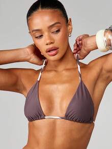 MISSGUIDED Reversible Triangle Bikini Top With Abstract Print And Solid Brown Halter Tie Swimwear For Beach Summer Vacation - Multicolor - View 3