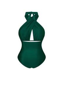 Swim Oasis Plus Size Women 2pcs Set Halter Backless One Piece Swimsuit With Random Print Long Beach Cover Up Skirt, Vacation Casual Swimwear Set, Tropical Outfit, Green Vacation Outfit, Green Outfit Women, Havana Nights Outfit