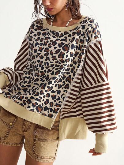 Bohemela 休闲豹纹拼接圆领宽松女式卫衣
