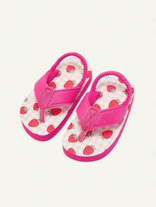 Cozy Pixies 1双夏季时尚百搭沙滩度假海边可爱人字拖，带弹性后跟带和草莓格子图案婴儿拖鞋 - 粉色 - 查看 5