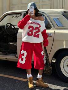 Muchica Bộ 2 áo nỉ nữ in chữ, lót giữ nhiệt, phối màu, vai chéo, thích hợp cho đi chơi, phong cách đường phố, thu đông, áo thun nữ phong cách Y2K - Đỏ và trắng - Xem 4