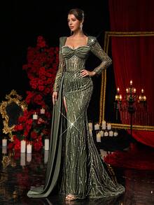 Glamrae 优雅橄榄绿奢华珠饰亮片拼接缎面薄纱长袖扭结胸腰透视美人鱼高开衩侧褶正式礼服，适合各种正式场合，如约会、婚礼、度假、单身派对、盛大活动等。 - 橄欖綠 - 查看 7