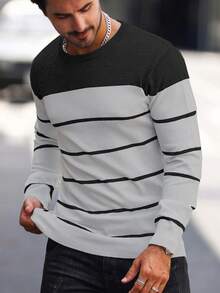 Manfinity Mode Men's Striped Crew Neck Long Sleeve Casual Pullover Sweater Men Striped Sweater , Fall Winter - Multicolor - View 3