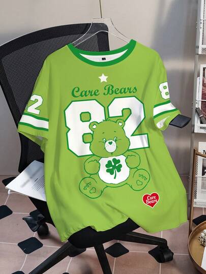 SHEIN X Care Bears Plusstorlek sommar casual numeriskt & björntryck rund hals kortärmad t-shirt