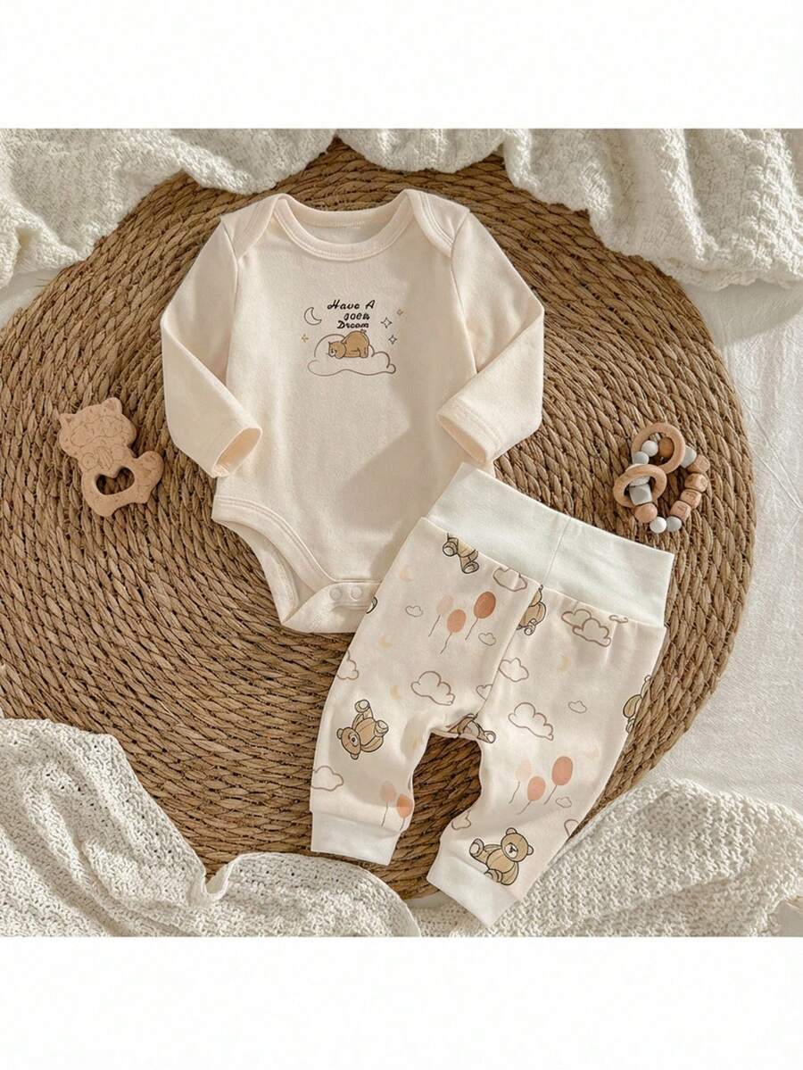 Loomiva Newborn Baby Girl/Boy Cartoon Bear Pattern Knitted Soft Crew Neck Long Sleeve Bodysuit & Elastic Waist Pants 2pcs Set - Multicolor - View 1