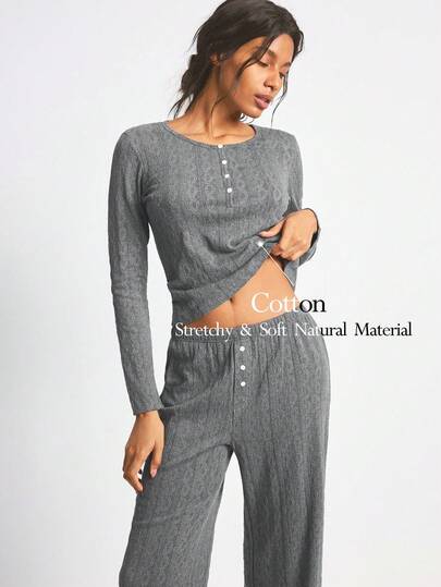 Ocili 女士圆领纽扣长袖上衣和松紧腰裤休闲家居服套装，冬季服装