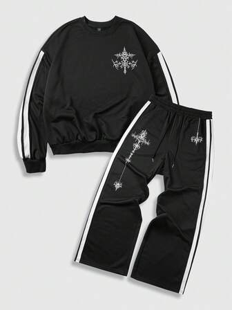 Herren Gothic Muster Rundhals Langarm Sweatshirt und Jogginghose Lässig anzug