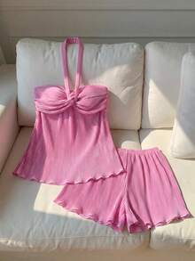 Comfortcana 女士無袖v領褶皺短款上衣和短褲套裝 - 粉色 - 查看 14