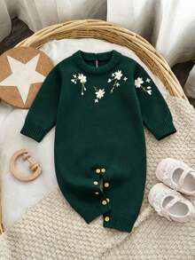 SHEIN 1pc Baby Green Romper With Embroidered Floral Decor, Crew Neck Long Sleeve Fashionable Sweater Jumpsuit Warm Jumpsuit For Baby Baby Sweater Romper Baby Girl Winter Sweaters Knitted Baby Girl Clothes Baby Knitwear Baby Set Autumn Winter Season Christmas Clothes For Baby Vintage Winter Baby Clothes Baby Layette Spanish Baby Clothes Baby Girl Clothes Green Floral Baby Clothes - Dark Green - View 1