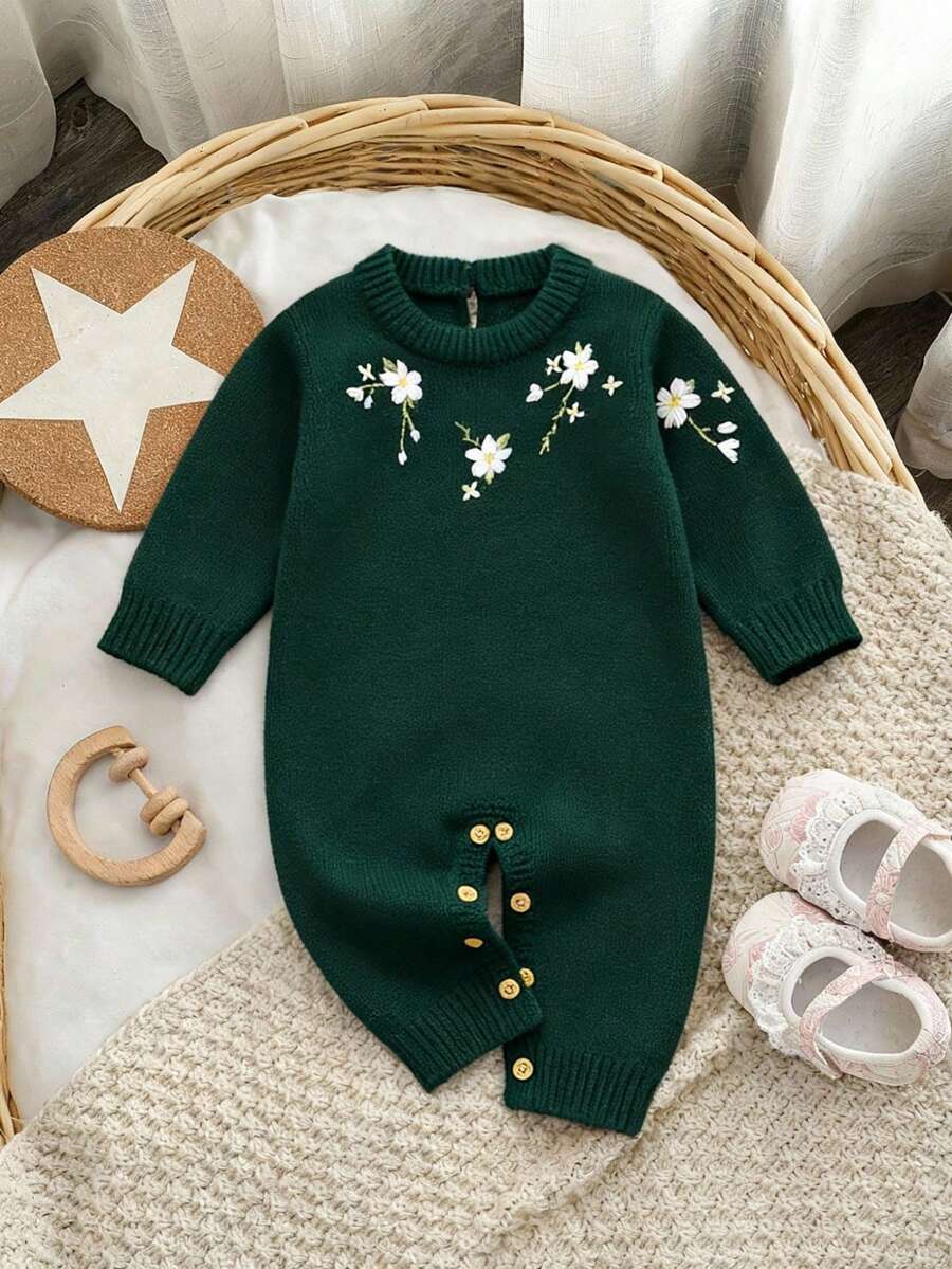 SHEIN 1pc Baby Green Romper With Embroidered Floral Decor, Crew Neck Long Sleeve Fashionable Sweater Jumpsuit Warm Jumpsuit For Baby Baby Sweater Romper Baby Girl Winter Sweaters Knitted Baby Girl Clothes Baby Knitwear Baby Set Autumn Winter Season Christmas Clothes For Baby Vintage Winter Baby Clothes Baby Layette Spanish Baby Clothes Baby Girl Clothes Green Floral Baby Clothes - Dark Green - View 1