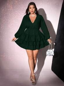 Viva Relle Plus Size Solid Color V-Neck Ruffle Hem Elegant Long Sleeve Dress,Valentine - Dark Green - View 6