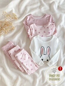 SHEIN Vintaside Kids 6 件套女婴可爱心形印花兔子上衣，长袖荷叶边休闲舒适运动服套装 - 彩色 - 查看 3