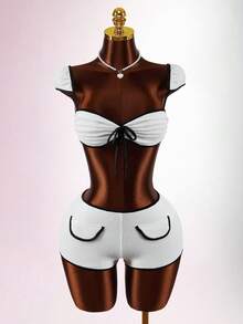 Amplova 2026新款低胸黑白撞色露脐上衣和迷你短裤套装，修身款 - 黑與白 - 查看 4