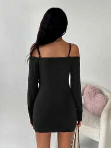 TRNVIE Women's Solid Color Off-Shoulder Long Sleeve Bow Decor Fashionable Dress - Black - Ver 2