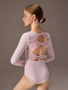Áo liền quần múa ba lê cho bé gái tuổi teen, màu hồng nhạt cổ điển, đa năng, thiết kế nơ lưới phía sau, tay dài co giãn, thích hợp cho múa ba lê, tập gym, tập luyện và mặc thường ngày. - Màu Hồng baby - Xem 3