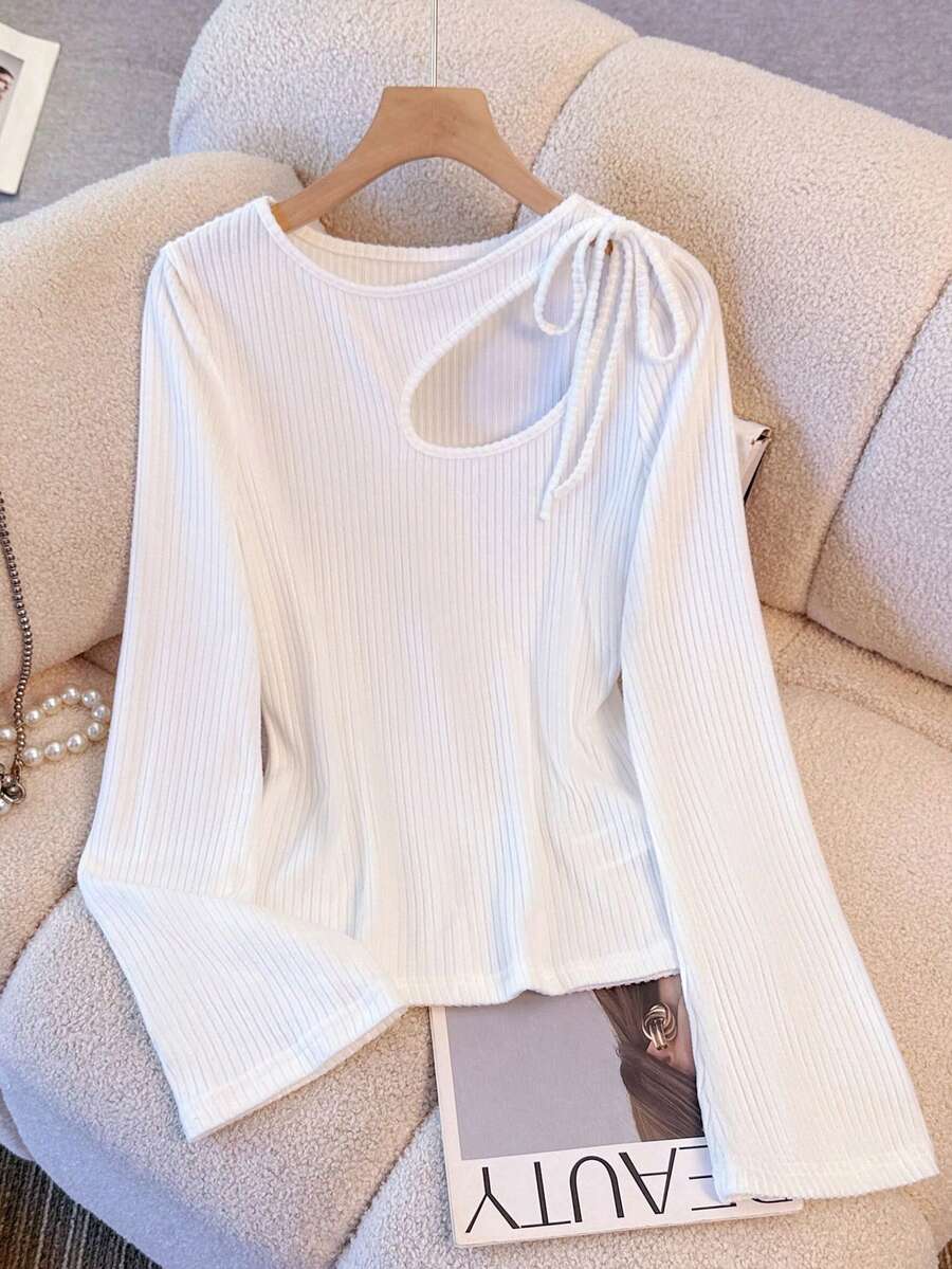 Franclia Women's Hollow Out Bow Tie Long Sleeve T-Shirt Undershirt - White - View 1