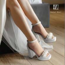 Zapatos de Novia Blancos Tacón Alto Elegantes Modernos Cómodos con Flores - Blanco - Ver 3