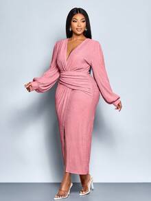 SOLERSUN 大码女式纯色秋冬气质优雅V领不对称交叉下摆泡泡袖连衣裙，适合派对和音乐节等场合，长袖开衩下摆连衣裙质感面料，秋季婚礼宾客礼服，优雅女士连衣裙，舞会礼服，黑色连衣裙，性感连衣裙 - 粉色 - 查看 7