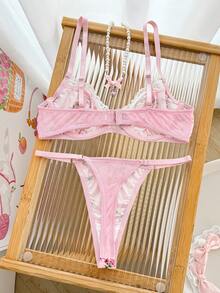 2件套可爱粉色蕾丝拼接内衣套装 - 粉色 - 查看 2