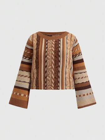 Suéter holgado de rayas verticales estilo hippie bohemio de talla grande, suéter holgado casual bohemio de talla grande con mangas acampanadas y estampado de rayas, suéter de talla grande para mujer de uso diario