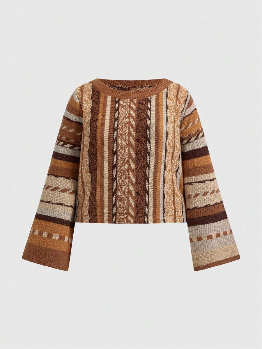 ROMWE Plus Size Hippie Bohemian Vertical Striped Pullover Sweater, Plus Size Flare Sleeve Striped Pattern Casual Boho Pullover Sweater, Everyday Plus Size Women Sweater - Multicolor - View 1