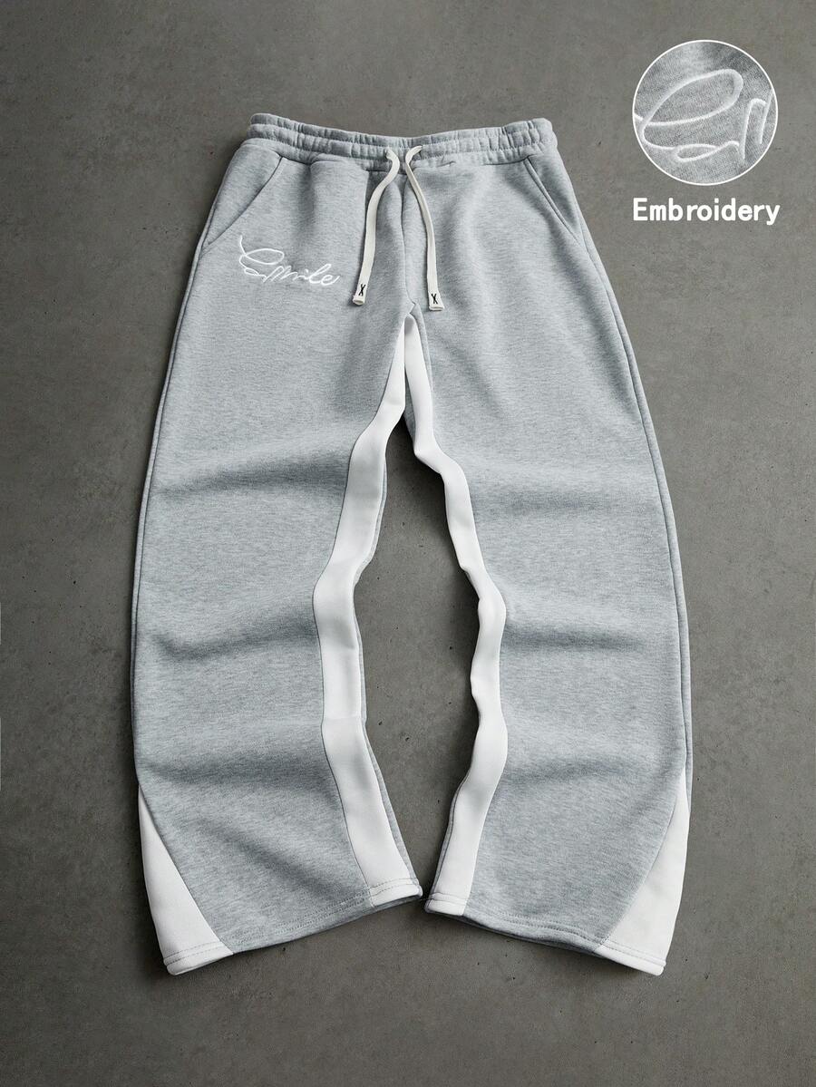 Manfinity Roghcode Men's Grey Summer Streetwear Gym Sweatpants,Solid Color Patchwork White Baggy Flare Pants,High-Quality Embroidered Design Casual Sportswear - Multicolor - View 1