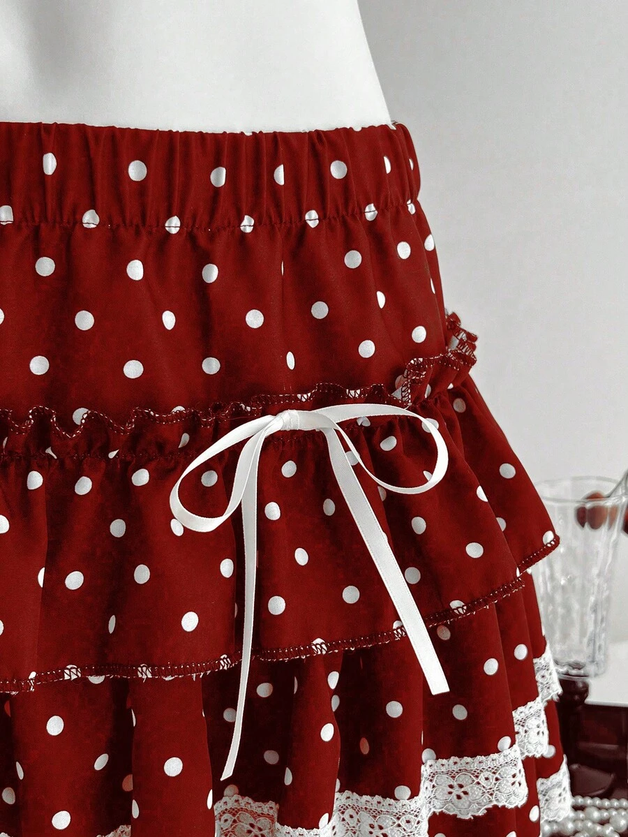 Elamini 1 chiếc váy dự tiệc ngắn thắt nơ ren họa tiết chấm bi đen trắng, dễ thương và thoải mái dành cho nữ - Đỏ và trắng - Xem 1